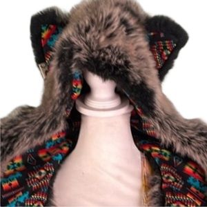 SPIRIT HOODS Gray Wolf vegan fur hood w ears scarf mitts paws southwestern print
